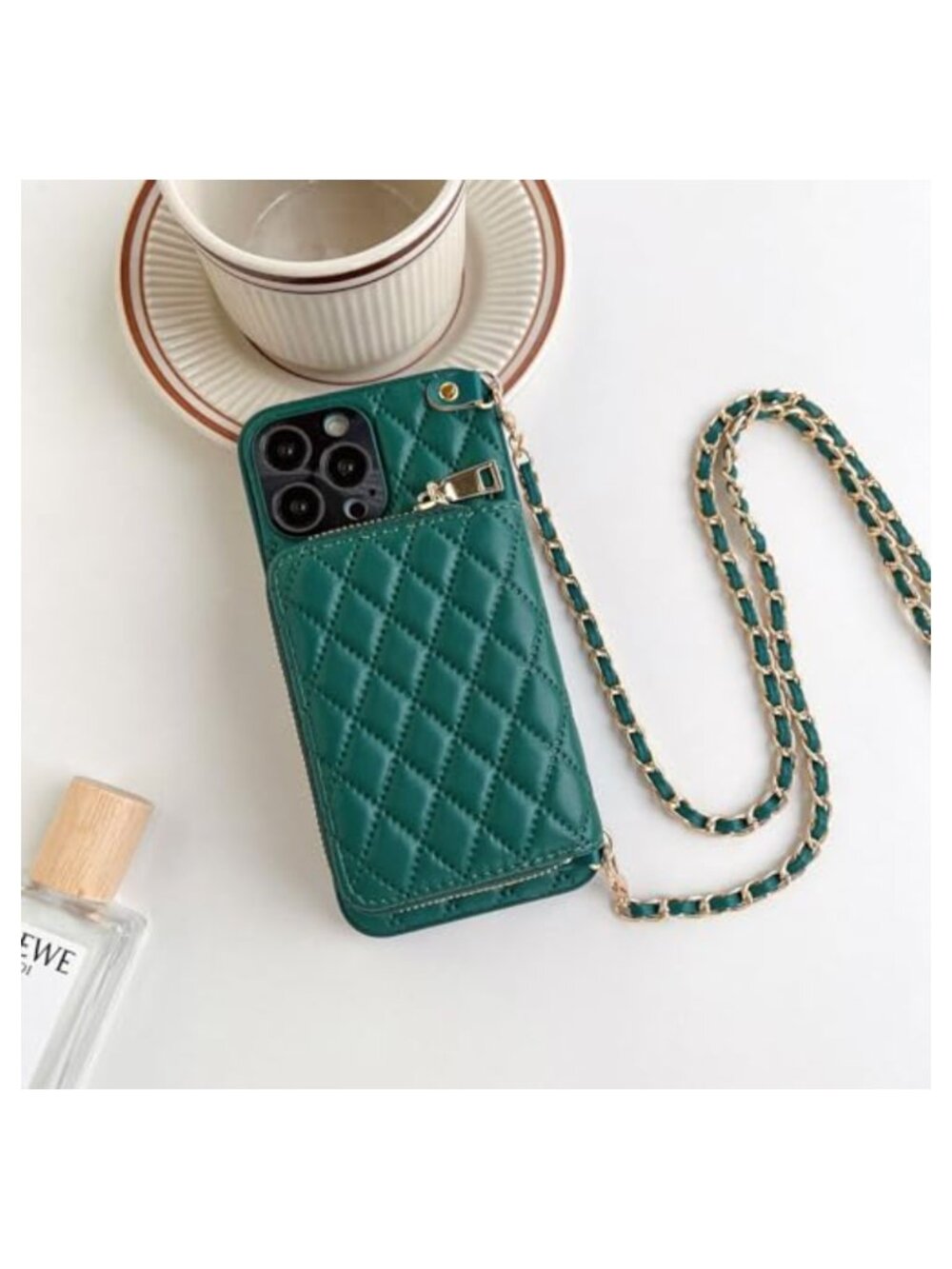 Crossbody Wallet Case for iPhone 16 Pro Quilted PU Leather Chain Card Slots